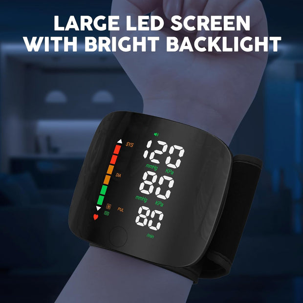 🩺 LED Wrist Blood Pressure Monitor – Touch Screen, Voice Broadcast, Dual-User Memory