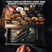 Large Black Wooden Challenge Coin Display Case – With Clear Lid & Storage Drawer | Holds 72 Coins | Military Coins & Poker Chip Display Box