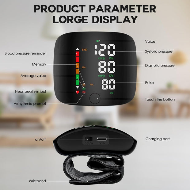 🩺 LED Wrist Blood Pressure Monitor – Touch Screen, Voice Broadcast, Dual-User Memory