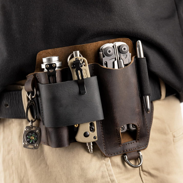 Leather Multitool Sheath – EDC Belt Organizer for Work and Daily Use, Fits Flashlight and Multitool
