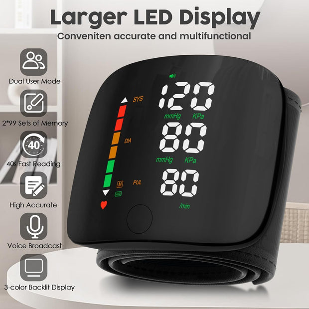 🩺 LED Wrist Blood Pressure Monitor – Touch Screen, Voice Broadcast, Dual-User Memory