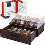 Large Black Wooden Challenge Coin Display Case – With Clear Lid & Storage Drawer | Holds 72 Coins | Military Coins & Poker Chip Display Box