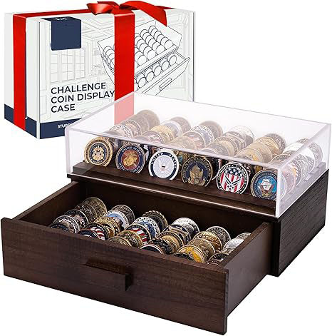 Large Black Wooden Challenge Coin Display Case – With Clear Lid & Storage Drawer | Holds 72 Coins | Military Coins & Poker Chip Display Box