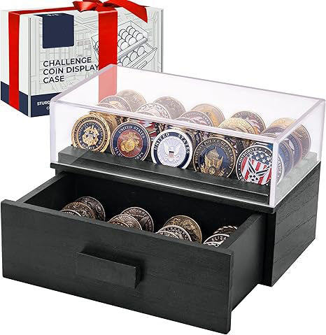 Large Black Wooden Challenge Coin Display Case – With Clear Lid & Storage Drawer | Holds 72 Coins | Military Coins & Poker Chip Display Box