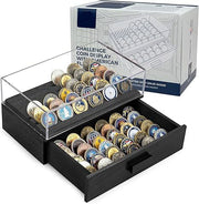 Large Black Wooden Challenge Coin Display Case – With Clear Lid & Storage Drawer | Holds 72 Coins | Military Coins & Poker Chip Display Box