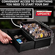 Large Black Wooden Challenge Coin Display Case – With Clear Lid & Storage Drawer | Holds 72 Coins | Military Coins & Poker Chip Display Box