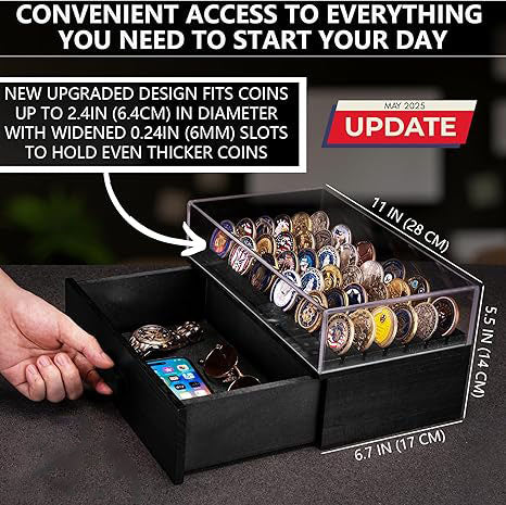 Large Black Wooden Challenge Coin Display Case – With Clear Lid & Storage Drawer | Holds 72 Coins | Military Coins & Poker Chip Display Box