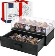 Large Black Wooden Challenge Coin Display Case – With Clear Lid & Storage Drawer | Holds 72 Coins | Military Coins & Poker Chip Display Box