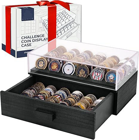Large Black Wooden Challenge Coin Display Case – With Clear Lid & Storage Drawer | Holds 72 Coins | Military Coins & Poker Chip Display Box