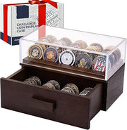 Large Black Wooden Challenge Coin Display Case – With Clear Lid & Storage Drawer | Holds 72 Coins | Military Coins & Poker Chip Display Box