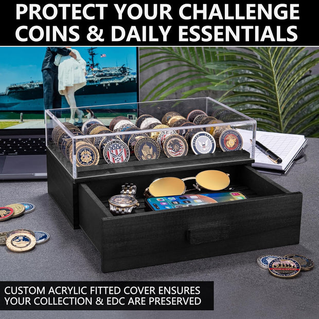 Large Black Wooden Challenge Coin Display Case – With Clear Lid & Storage Drawer | Holds 72 Coins | Military Coins & Poker Chip Display Box