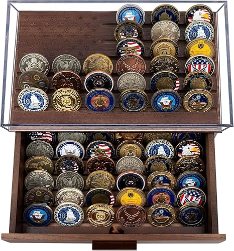Large Black Wooden Challenge Coin Display Case – With Clear Lid & Storage Drawer | Holds 72 Coins | Military Coins & Poker Chip Display Box