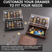 Large Black Wooden Challenge Coin Display Case – With Clear Lid & Storage Drawer | Holds 72 Coins | Military Coins & Poker Chip Display Box
