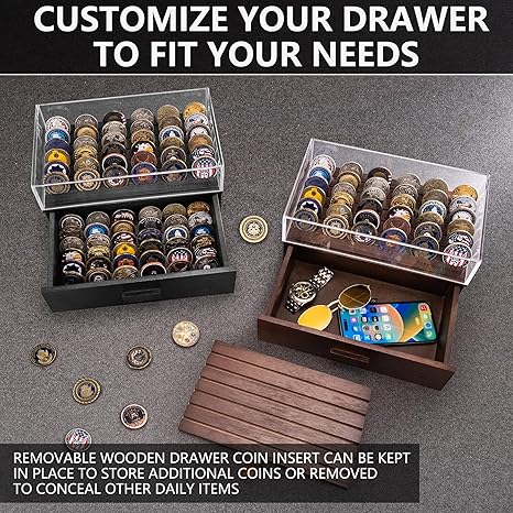 Large Black Wooden Challenge Coin Display Case – With Clear Lid & Storage Drawer | Holds 72 Coins | Military Coins & Poker Chip Display Box